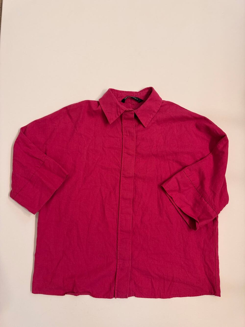 ZARA Women's Pink Linen Blend 1/2 Sleeve Boxy Button Down Oversize Tunic Size XS